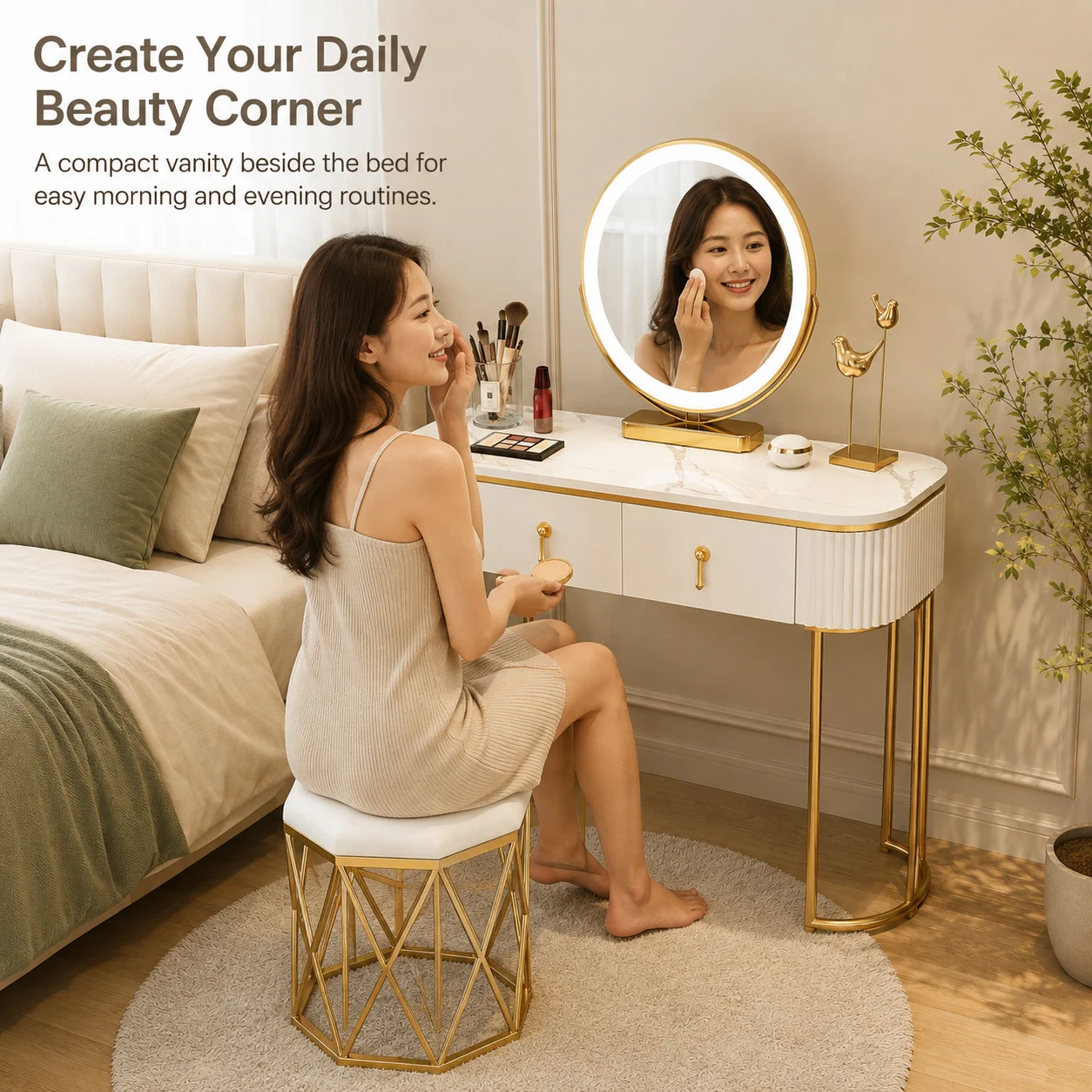 AOLIVIYA 60cm Width Simple Dressing Table Nordic Small Apartment Bedroom Dressing Table Mini Mirror Chair Set