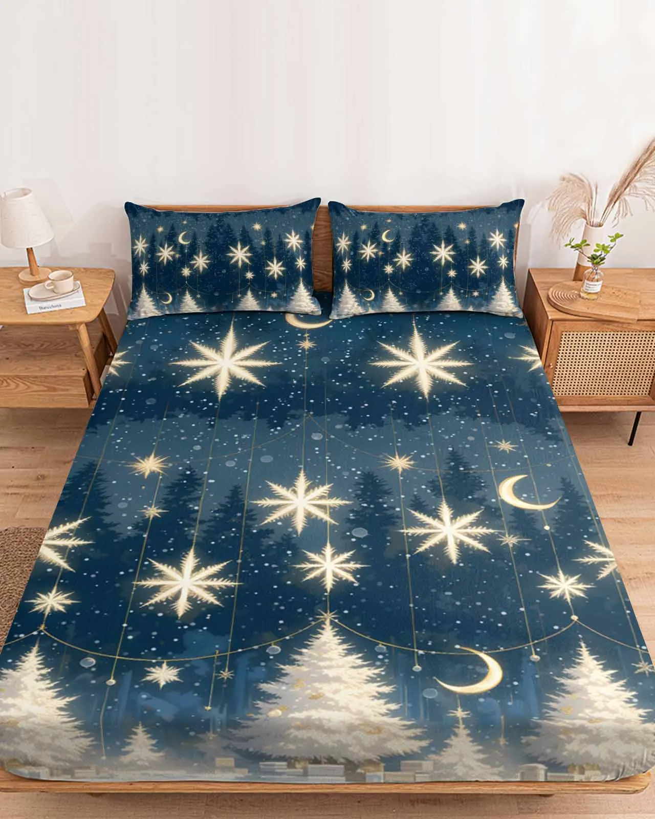 

Christmas Tree Stars Moon Polyester Fitted Sheet Mattress Cover Four Corners Elastic Band Bed Sheet Pilllowcase