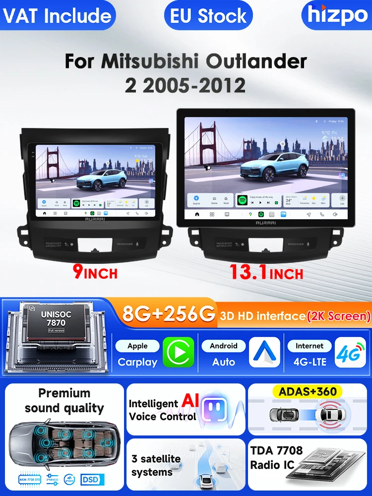 Hizpo Intelligentes Autoradio für Mitsubishi Outlander XL 2 Peugeot 4007 Citroen C-Crosser Carplay GPS 2K QLED 3D Display-Bildschirm
