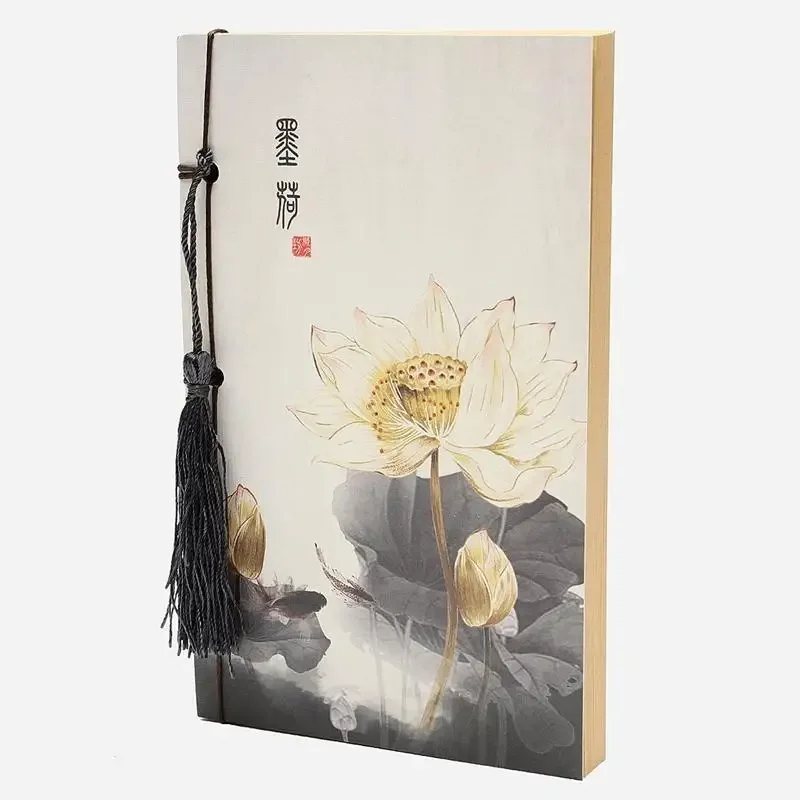 Estilo chinês Lotus Vintage Notebook com Tassel, Kraft em branco, artesanato portátil, Mini Notepad