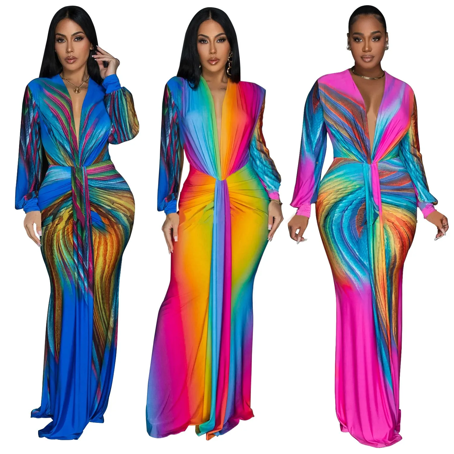 

Sexy Nightclub Party Dance Gathering Club Banquet Solid-Color Mesh Rhinestone-Embellished Long-Sleeve Short Skirt Dress