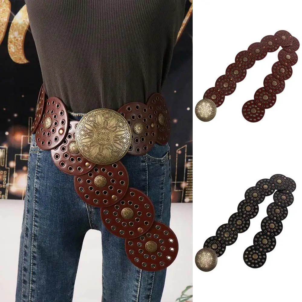 Casual Metal Round Buckle Belts Y2K Baroque Style Hollow Belts Waistband Black Metal Buckle Belts Decorative Jeans