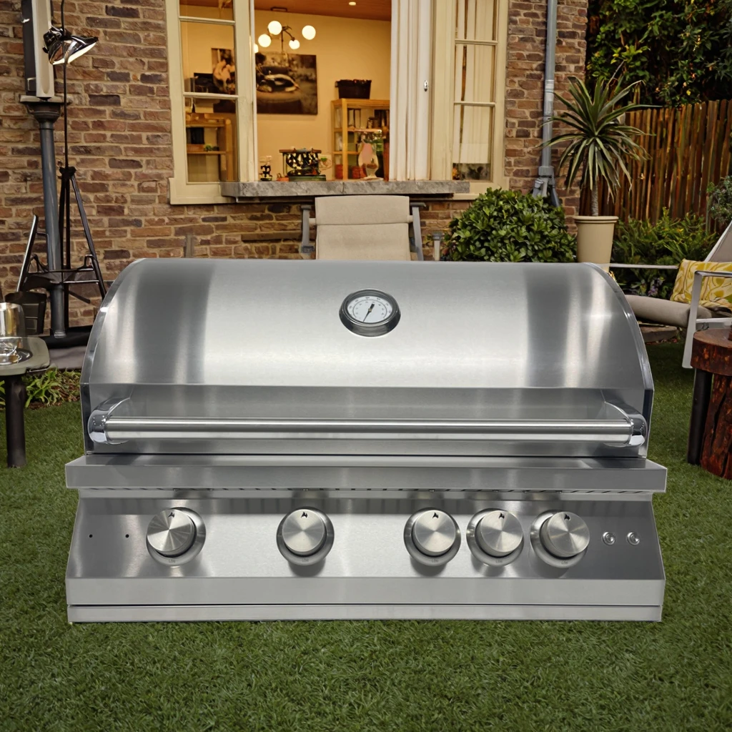 32-Inch Outdoor Stainless Steel Gas Grill with 4+1 Burner Built-In BBQ for Household Use Metal Construction