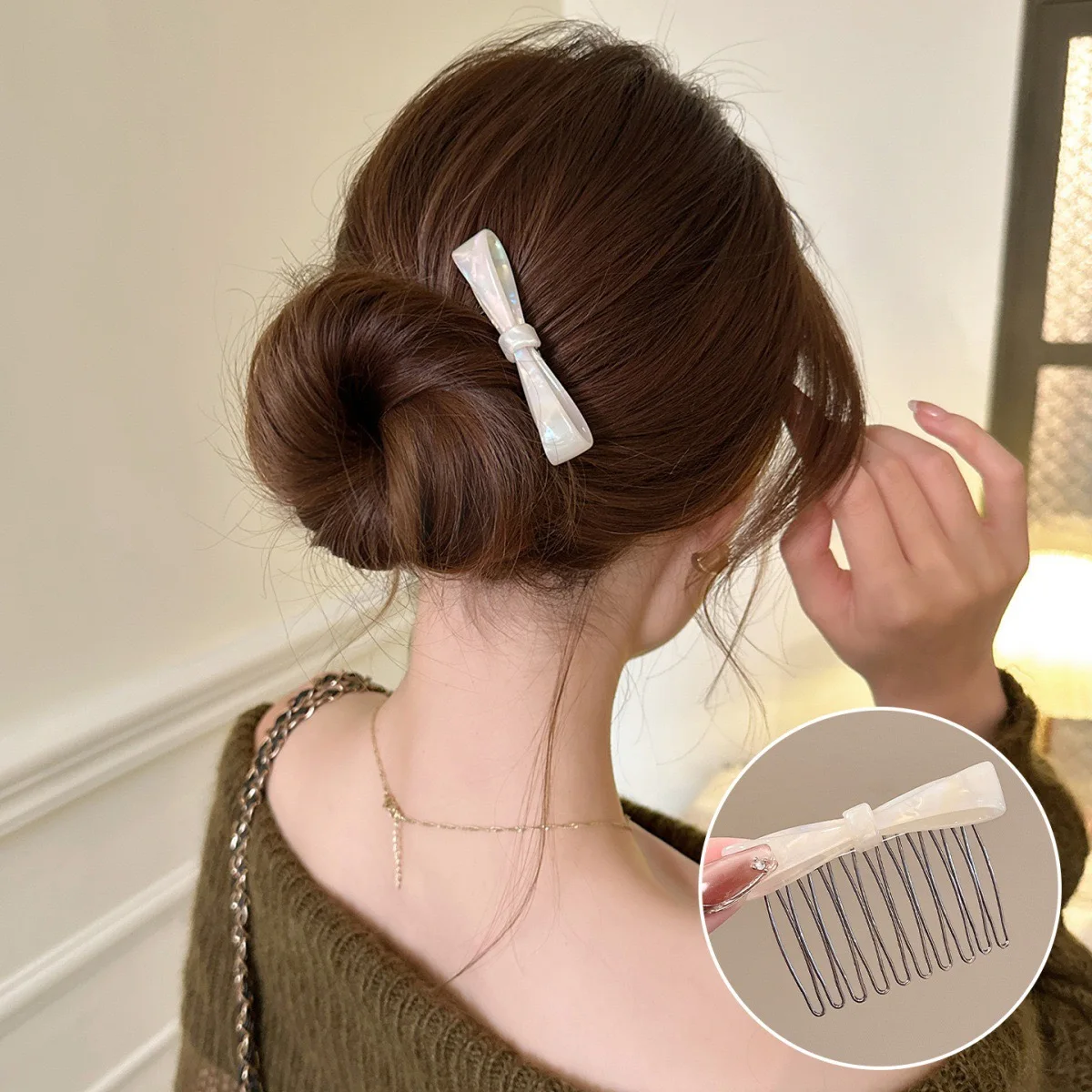 1 Stück Koreanischer Haarkamm mit Schmetterlings-Schleife aus strukturiertem Acetat für Pony, Stirnfrisuren und halb aufgesteckte Haardekoration – Detail 3