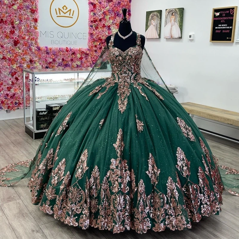 

Зеленое блестящее Бальное Платье милое платье, платья для Quinceanera, Аппликация из бисера с накидкой, милое платье 16, платье на день рождения, платье для 15 лет