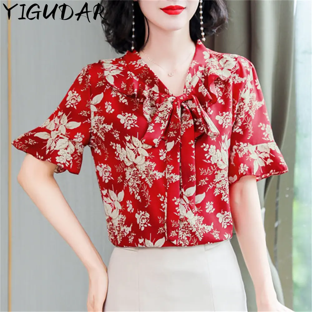 

Satin Loose Women Blouse Summer New Casual Fashion Short Sleeve Top Stitching Bow Collar Shirt clothes for women ropa de mujer