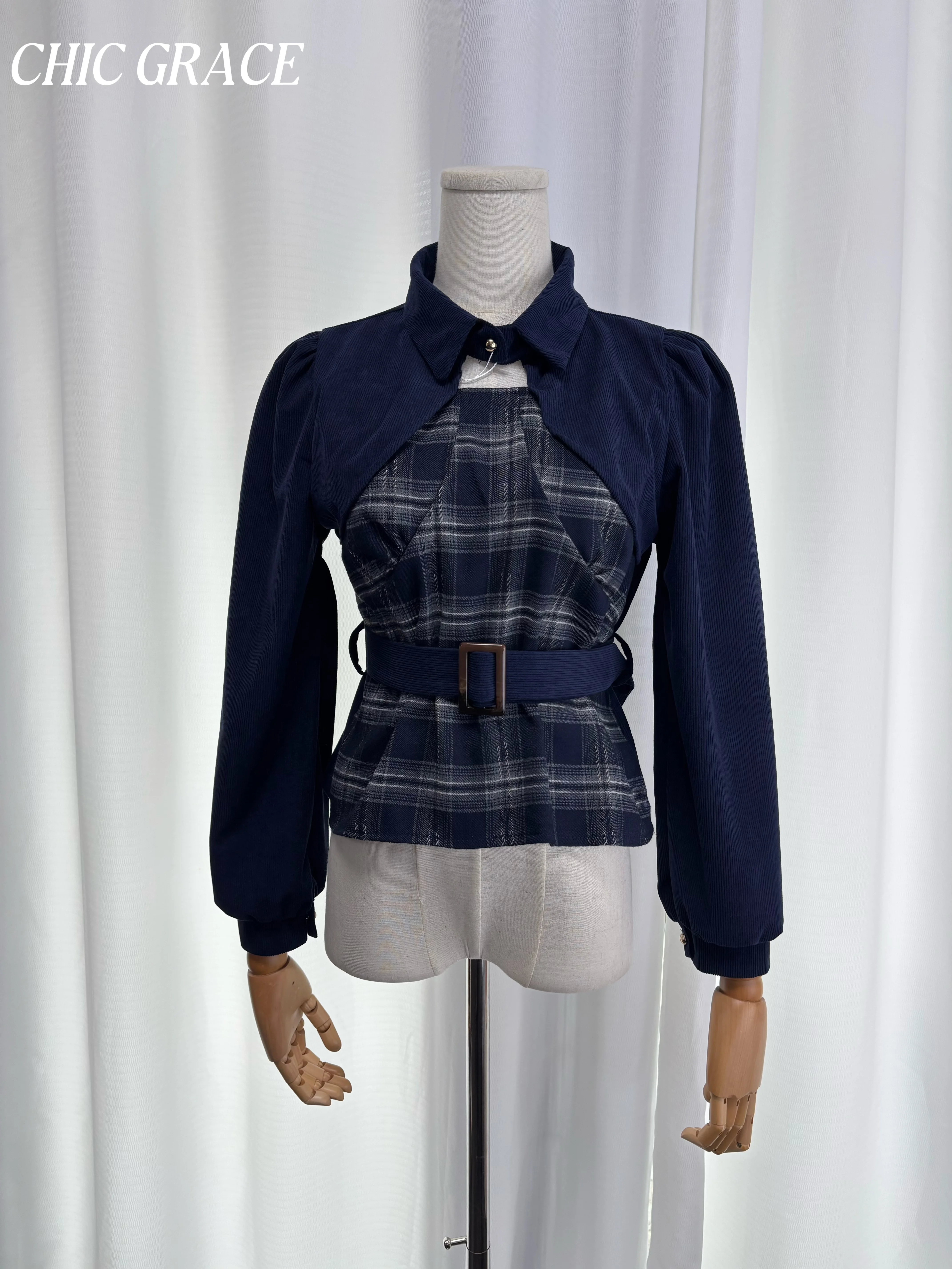 

Real shot 2025 Autumn Winter New Women's Fake Two-Piece Long Sleeve Shirt, Edgy Mature Style Waist-Cinched Plaid Corduroy Korean