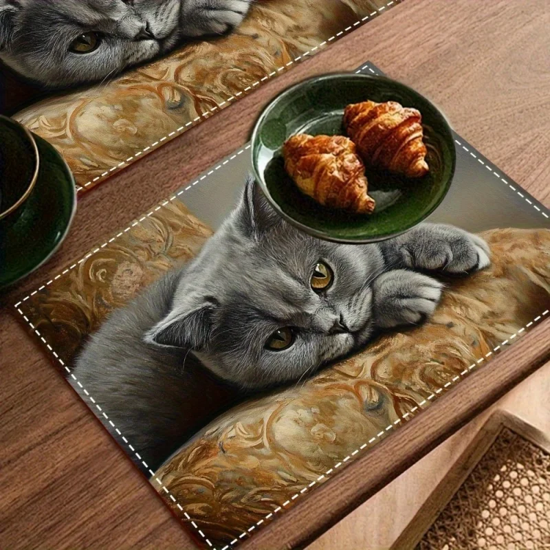 Grey Cat Linen Placemat Cute British Shorthair Kitten Table Mat Oil Painting Coaster Non Slip Dining Bowl Pad Room Decor
