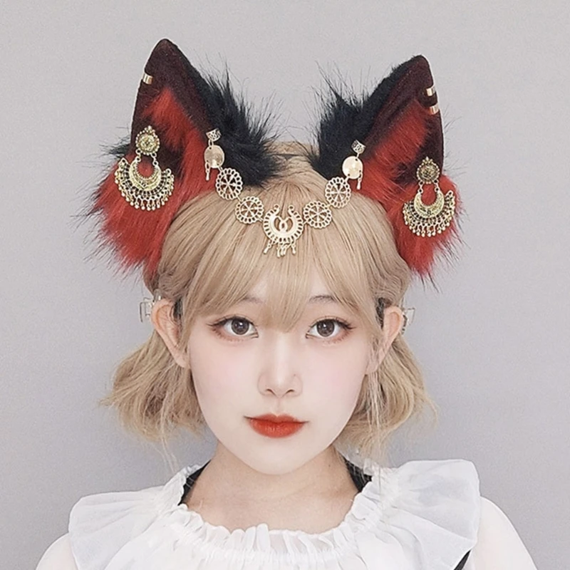 Sweet Students Woman Photoshoots Hairband with Forehead Chain Decors Foxes Ears Headbands Ethnic Style Cartoon Hair Hoop