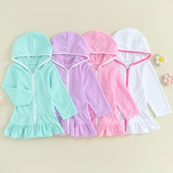 Kids Girls Summer Beach Dress Hoodie Solid Color Ruffled Zipper Long Sleeves Dress Toddler Swimsuit Cover up Summer Beachwear