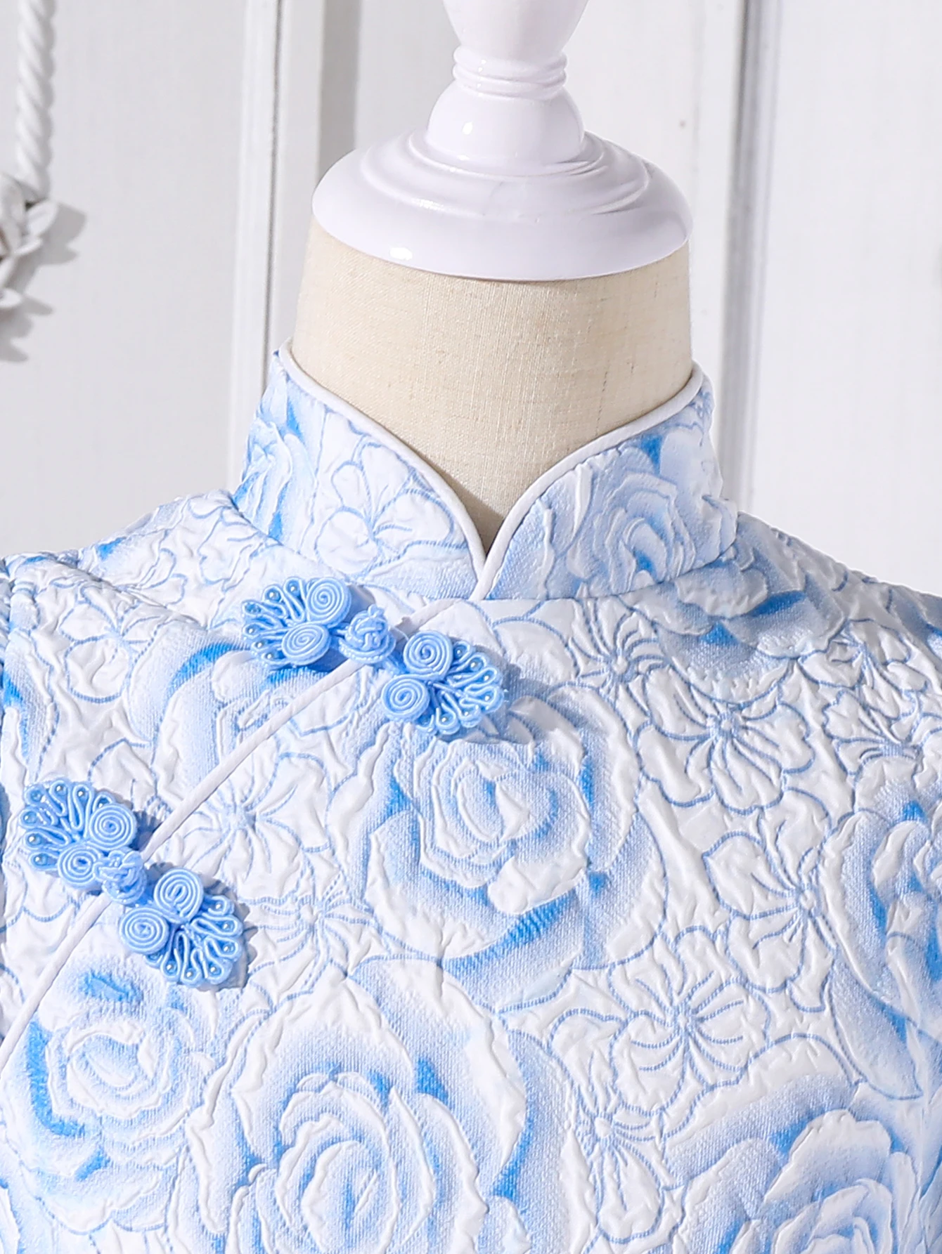 Summer Girls' Chinese Style Bubble Sleeves Rose Print Princess Dress Fashionable Buckle Improved Cheongsam Dress