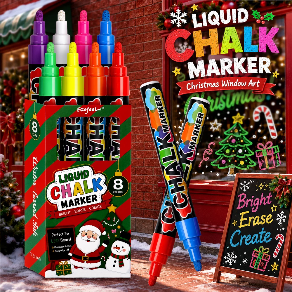 1 Piece of Washable and Wet-Wipeable Christmas Liquid Chalk, Suitable for Blackboards, Chalkboard Signs, Whiteboards, Led Glass Windows, Car Window Painting, Advertising Chalk, Fluorescent Marker Pens, and Electronic S