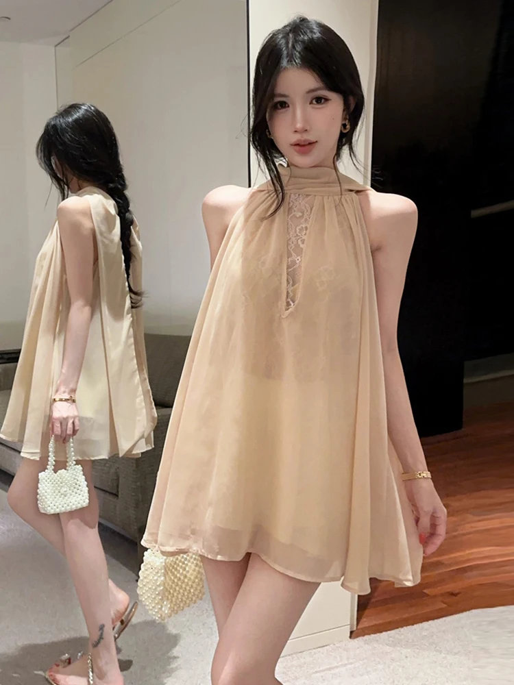 

Нежный женский топ из шифона с кружевными вставками, без рукавов, средней длины, свободного кроя, с круглым вырезом, в стиле «Sweet Pure Style», для создания образа «Нежный бриз»