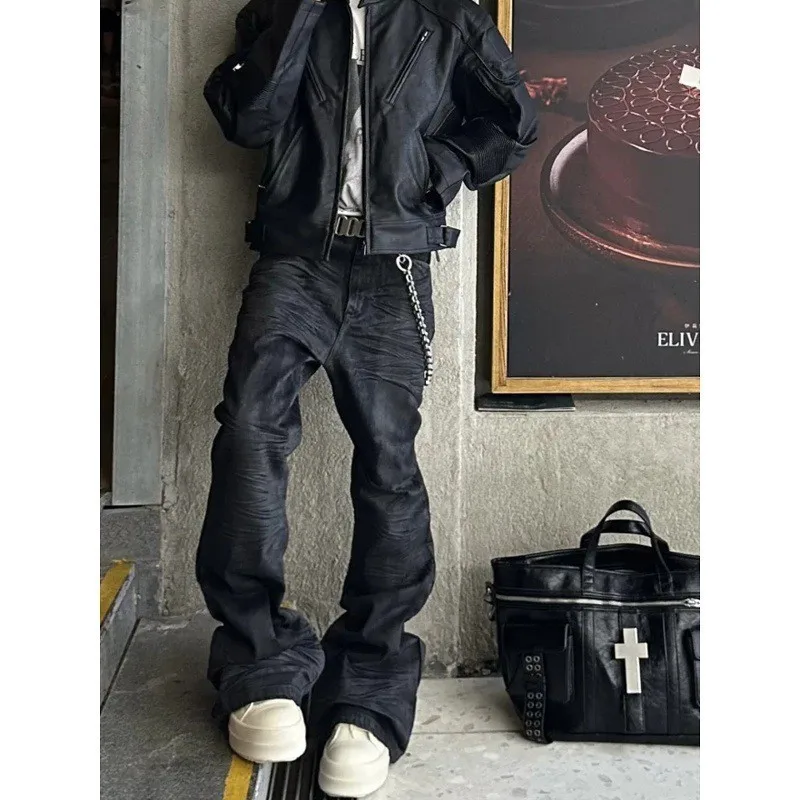 الأمريكية شارع العليا Sle الرجال تلاشى Bla الشمع معطف الجينز متوهج الساقين مستقيم قطع السراويل الطويلة الخريف الشتاء التخسيس بنطلون #4