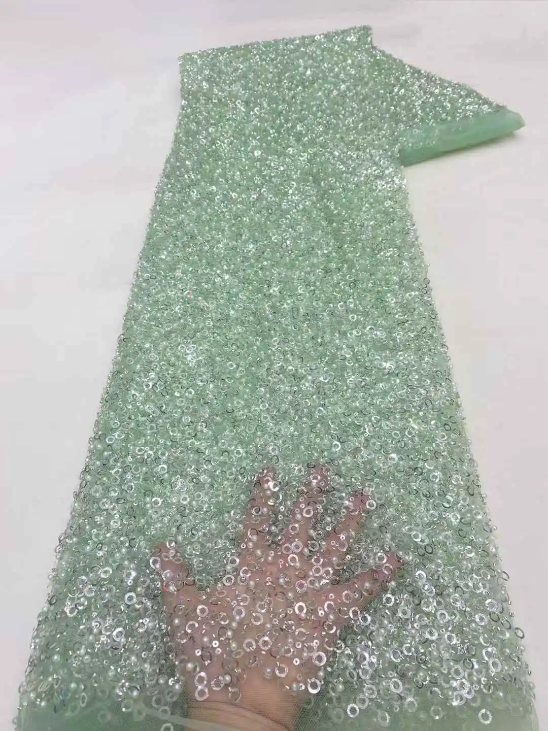 Top Quality GreenAfrica Handmade Embroidered Tulle Fabric With Beads Luxury Sequins Net Lace Evening Wedding Party Dress -XZ