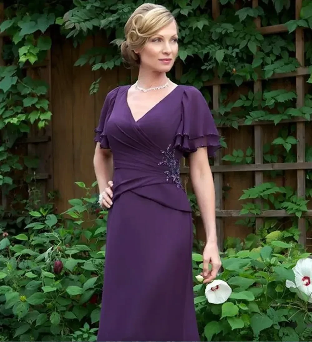 2024 New Dark Purple Mother Of The Bride Dresses Ruched Short Sleeves Mother\'s Dresses Long Chiffon Evening Gowns فساتين السهرة