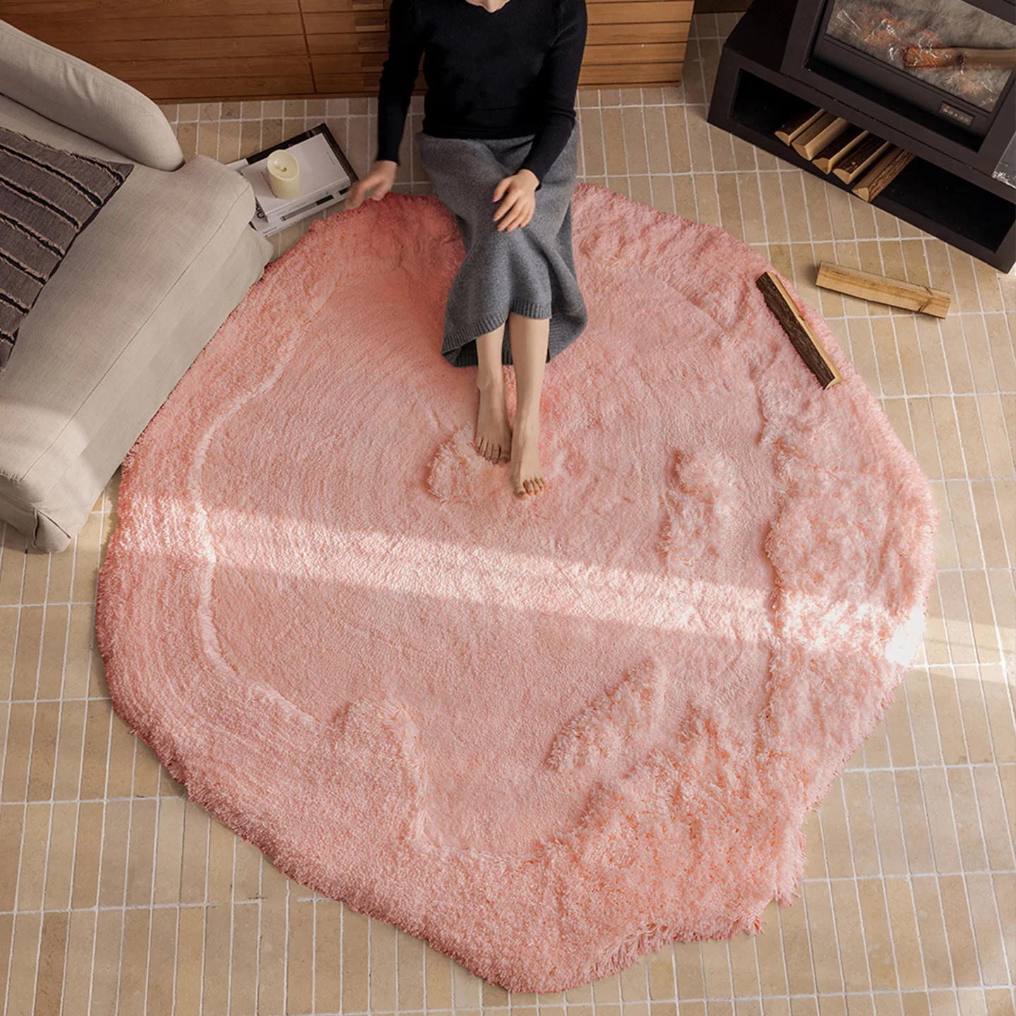 French Irregular Carpet Living Room Premium Pink Long Hair Round Makeup Chair Cushion Bedroom Bed Front Blanket