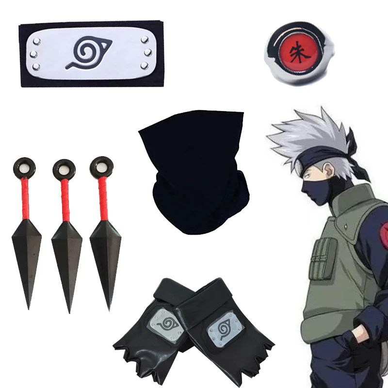 Anime Hatake Kakashi Cosplay Handschuhe Maske Stirnband Anime Zubehör Kunai Spielzeug Actionfigur Handschuhe Stirnband Uchiha Set Geschenk