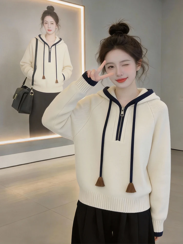 

Trendy Dstring Knitted Sweater Women's Spring 2026 f Zipper Hooded Faion Slimming Korean Sle Long Sve Thiened
