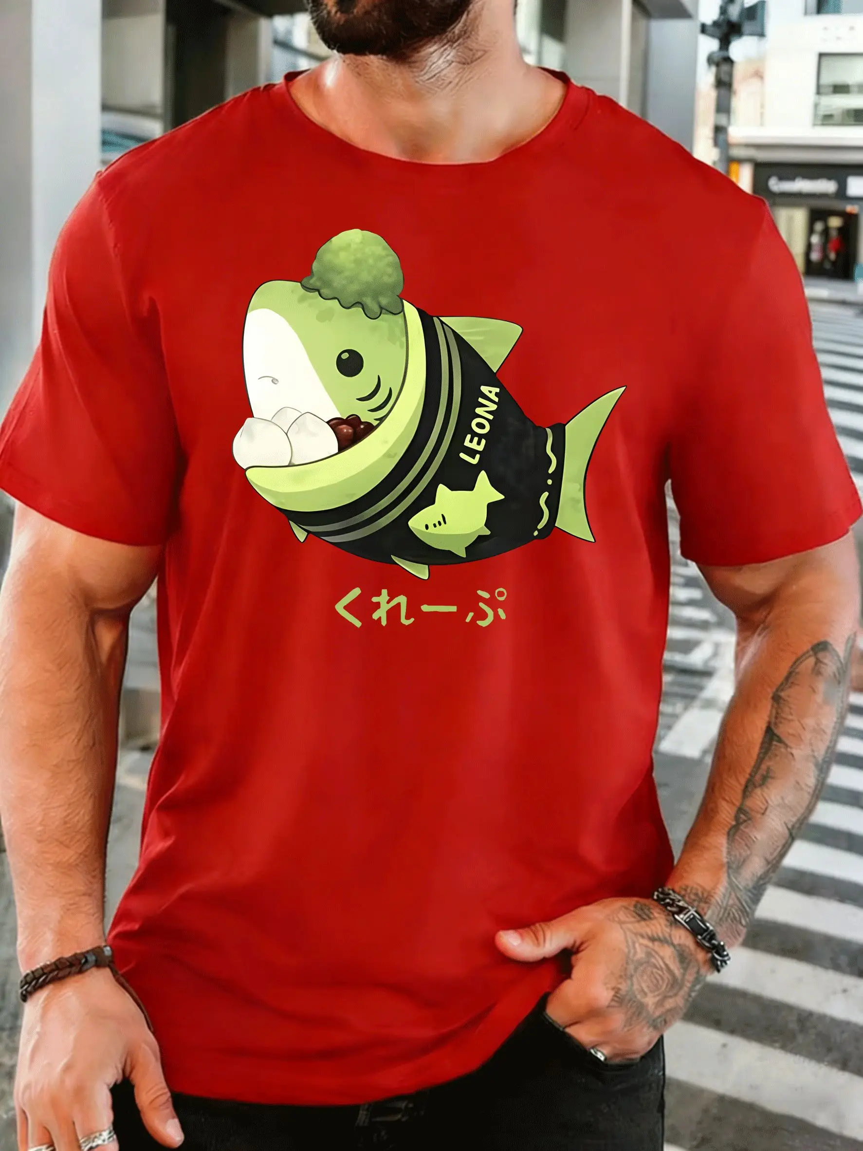 Cute Sushi Shark With Japanese Text Mens Front Print T Shirt Cartoon Sea Animal Graphic Casual Short Sleeve Top Anime Fan Gift