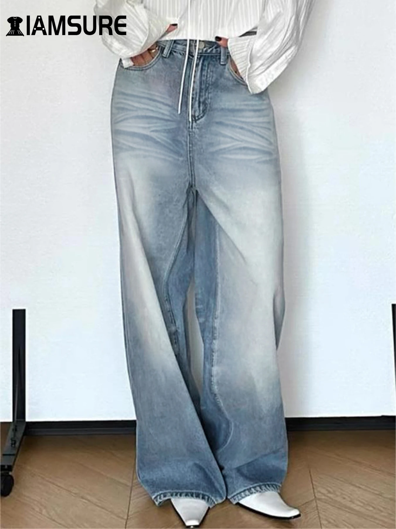 

Повседневные свободные джинсы IAMSURE с широкими штанинами, базовые мешковатые брюки с высокой талией, женские осенне-весенние модные уличные офисные женские брюки 2024