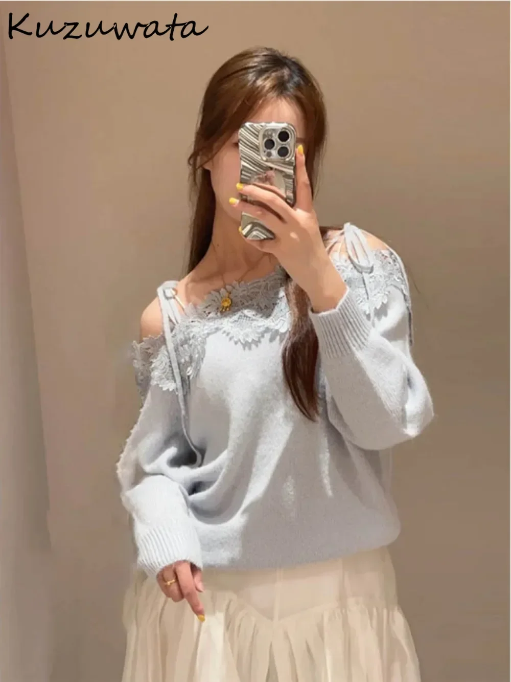 Kuzuwata Luxury Sling Slash Neck Long Sleeve Lace Pull Femme Patchwork Off Shoulder Pullover Knitted Japan Literary Lace Up Tops