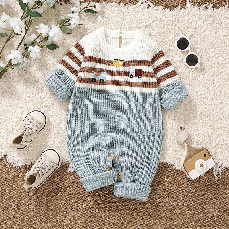 

Baby Rompers Knit Newborn Boys Girl Jumpsuit Long Sleeve Autumn Infant Kid Clothes Fashion Striped Car Embroidery 0-18M Overalls