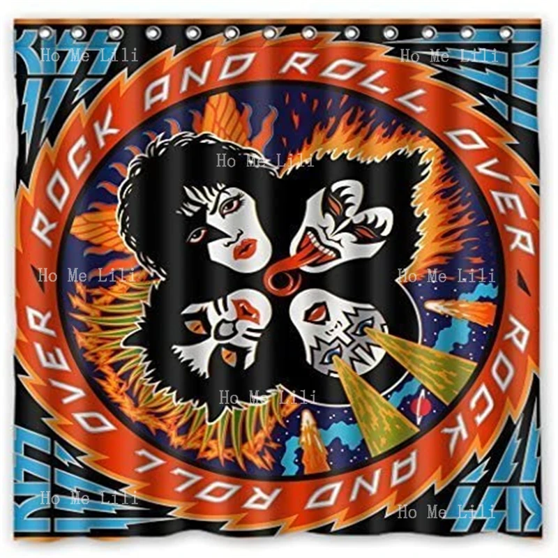 Rock And Roll Dver Music Band Kiss Four Heads Spun The Fire Wheel Fabric Waterproof Bathroom Decor Shower Curtains With Hooks