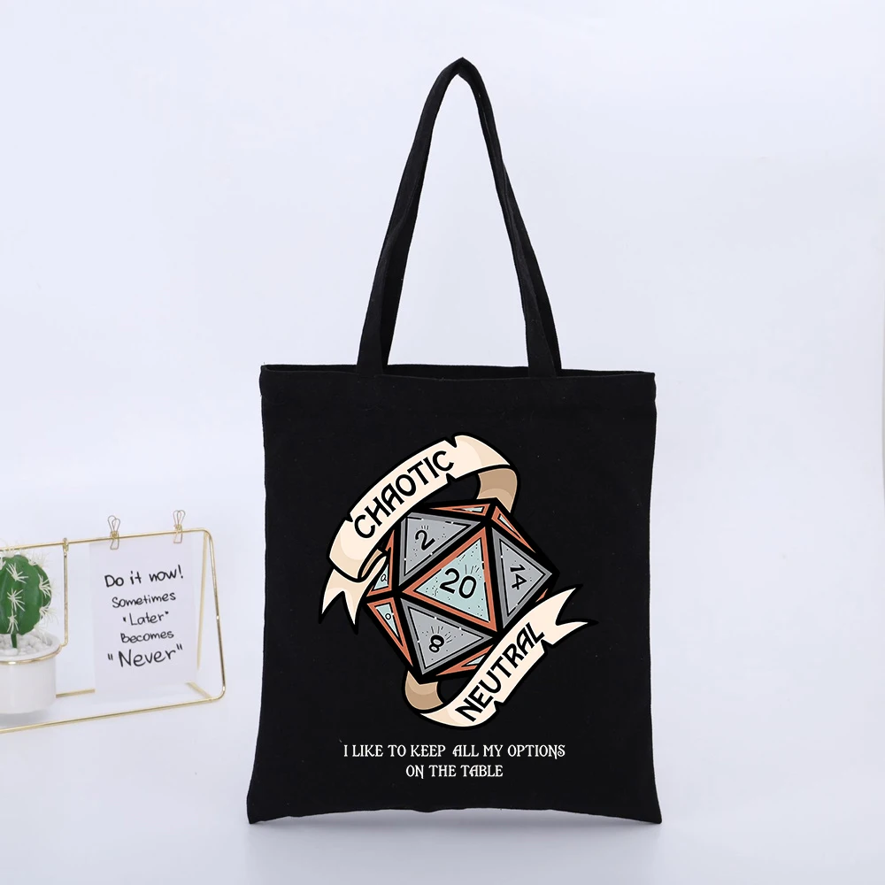 Polyhedral Dice Print Canvas Tote Bag, Casual Style for Daily Use and Game Nights