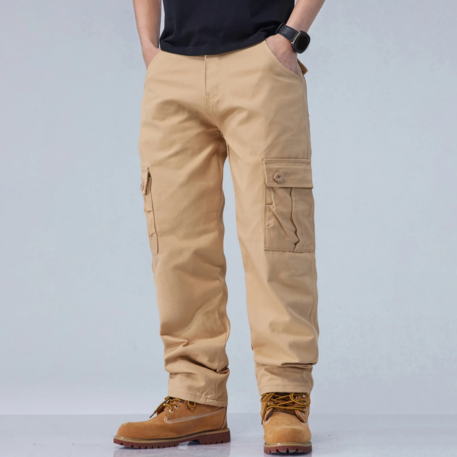 

Мужская теплая прямая одежда больших размеров, однотонная серая универсальная рабочая одежда, черные джоггеры, хлопковые повседневные брюки, новые брюки-карго