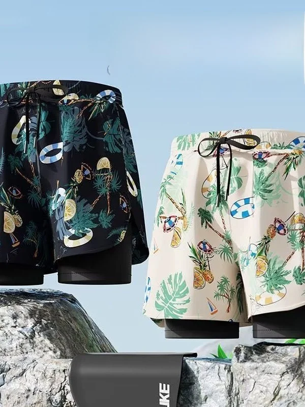 Double Layer Swimming Trunks Men's Sporty Loose Fit Quick Dry Breathable Elastic Beach Pants Three Quarters in Size