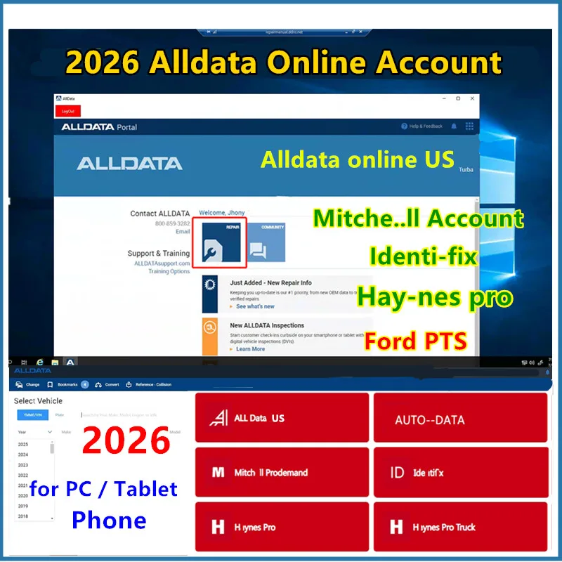 حساب Alldata عبر الإنترنت لعام 2026، Autodata، Mits..ell Pro، Identifix، hay-nes pro، خدمة عبر الإنترنت للكمبيوتر الشخصي والهواتف التي تعمل بنظام Android والكمبيوتر اللوحي