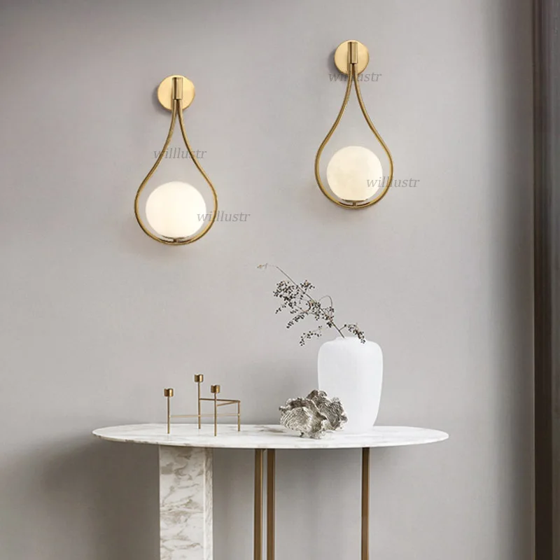 Milk White Globe Glass Wall Lamp Luxury Metal Sconce Lounge Foyer Aisle Stair Hotel Bar Cafe Bedside Creative Water Drop Light