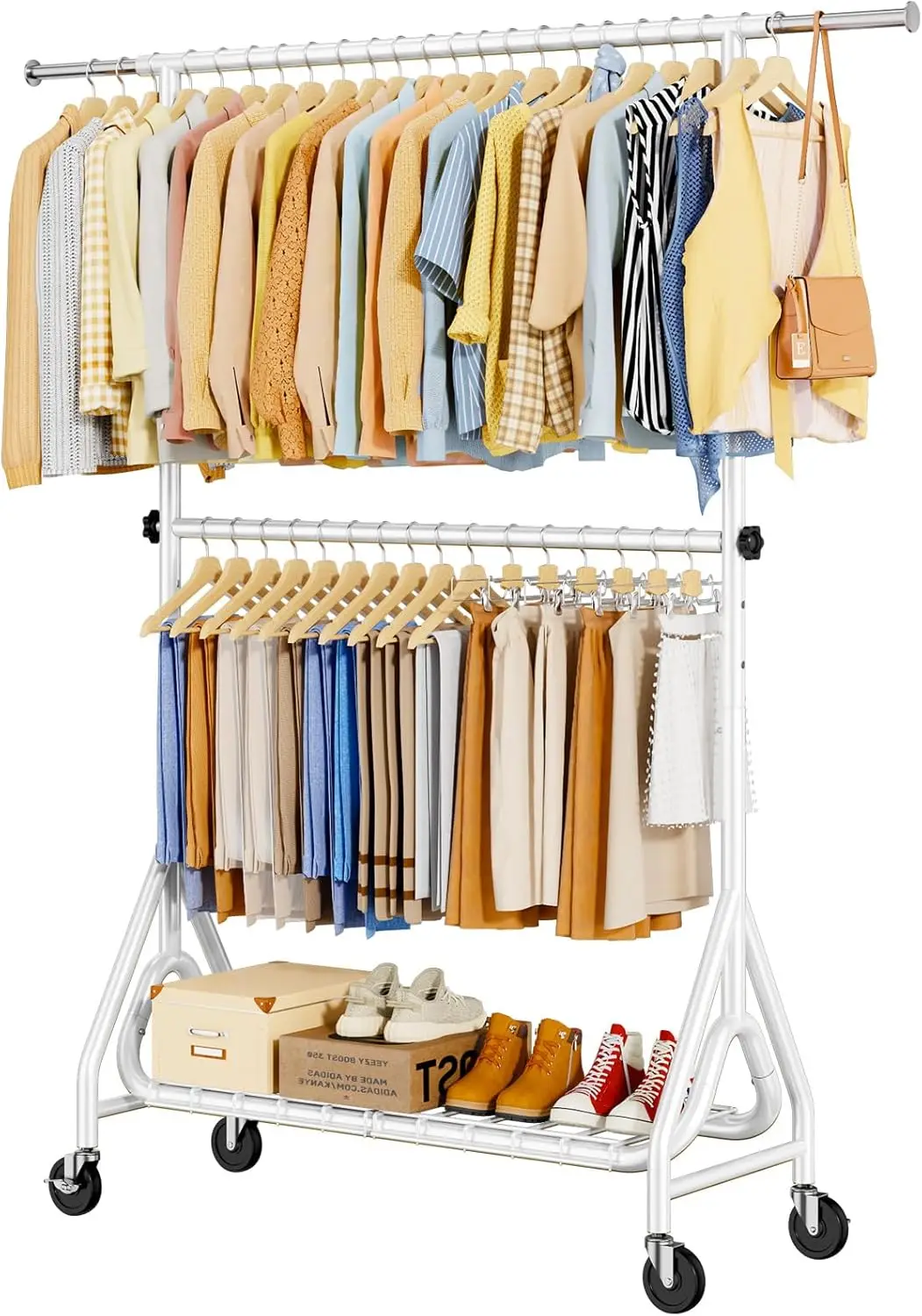 

Double Rods Clothing Rack, Heavy Duty Clothes Rack for Hanging Clothes Load 560LBS, Metal Rolling Garment Racks with Whe