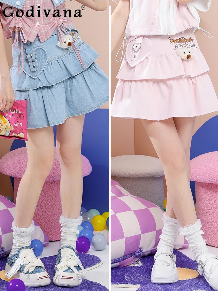 

Summer Fashion JK Character Embroidery Bear Pink Mini Skirt Girly Kawaii High Waist Slim Denim Cake Skirts Women A- Line Skirt