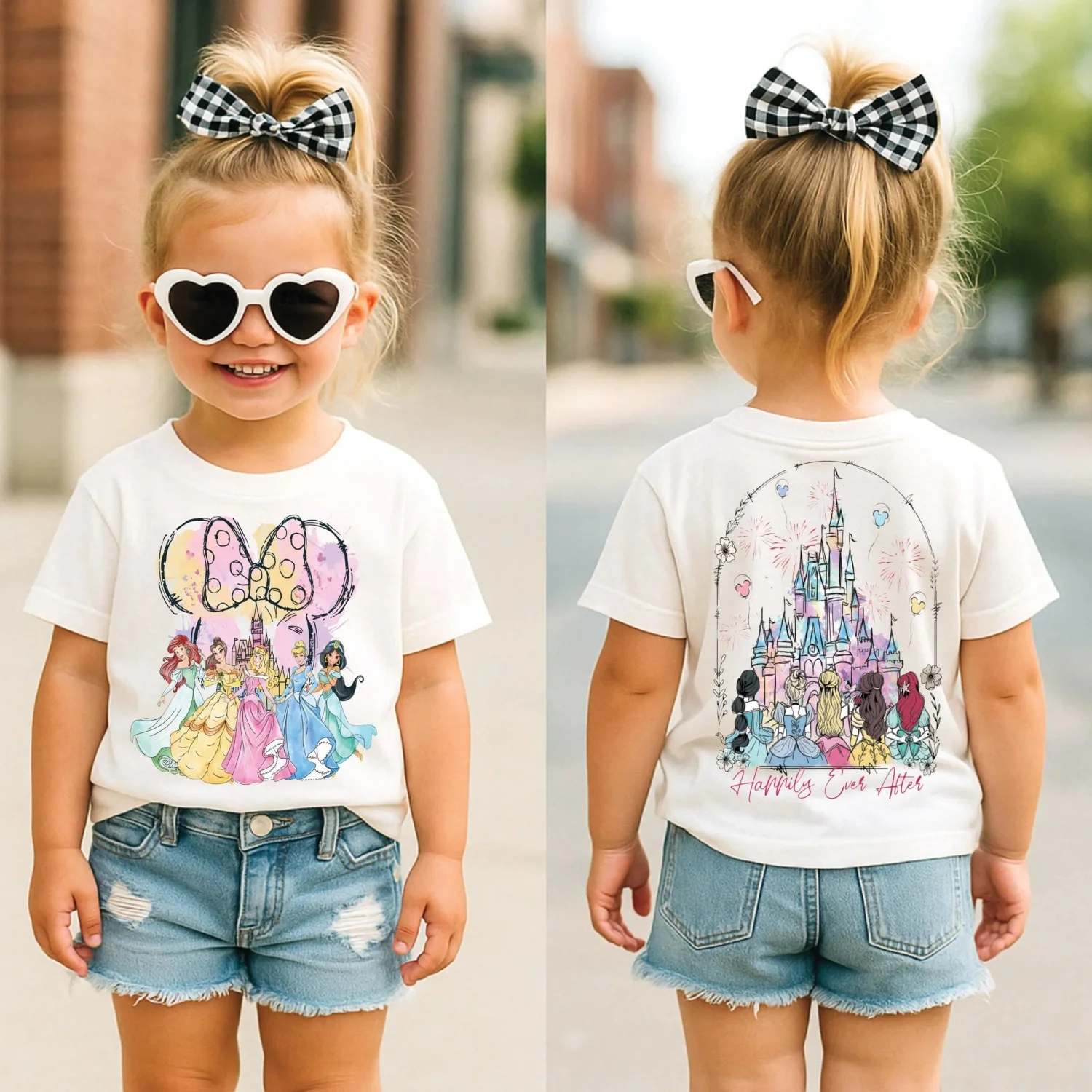 Potdemiel Kinder-T-Shirt mit doppelseitigem Aufdruck, niedliches Prinzessinnen- und Schlossmuster, lässiges Kurzarm-T-Shirt für Mädchen, Sommer-Tops