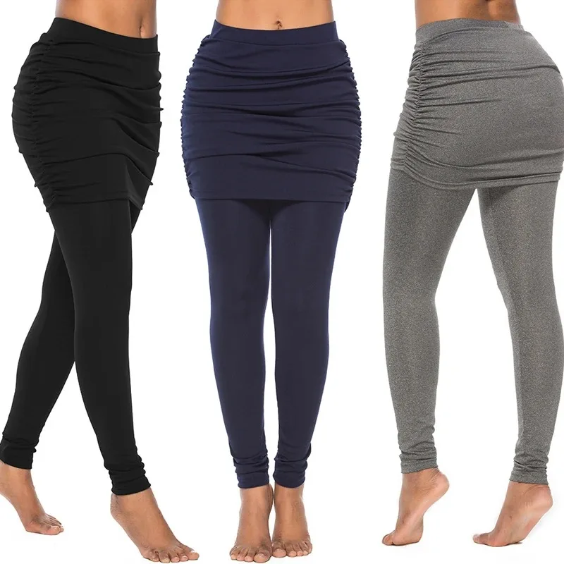 Women\'s Hip Wrap Side Pleated Bottom Skirt Pants Elastic Sports Pants Yoga Pants