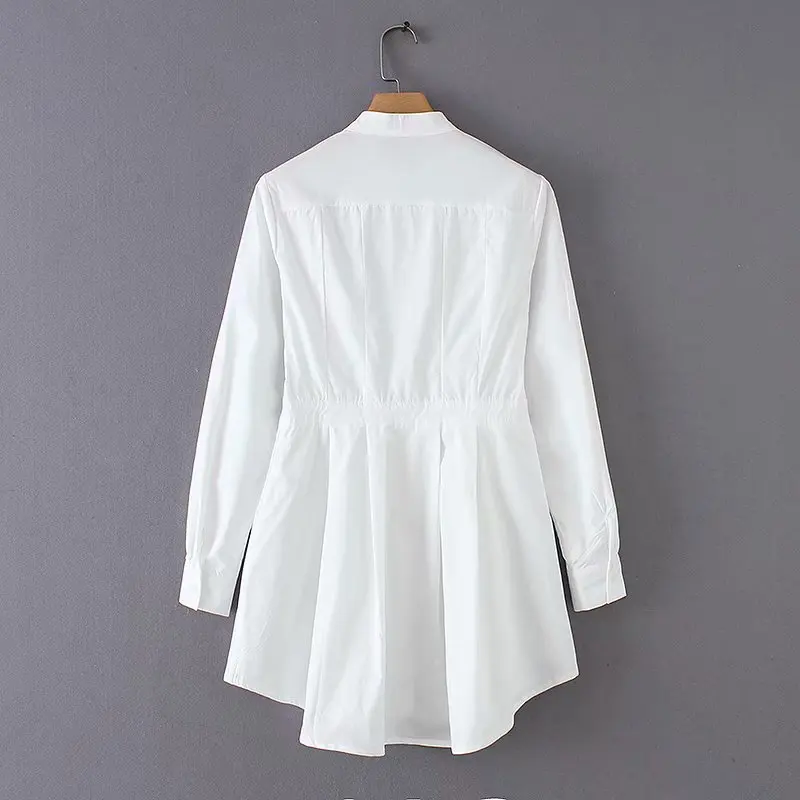 women elegant stand collar hem irregular pleats white blouse casual shirts office lady business feminina blusas chic tops LS2766