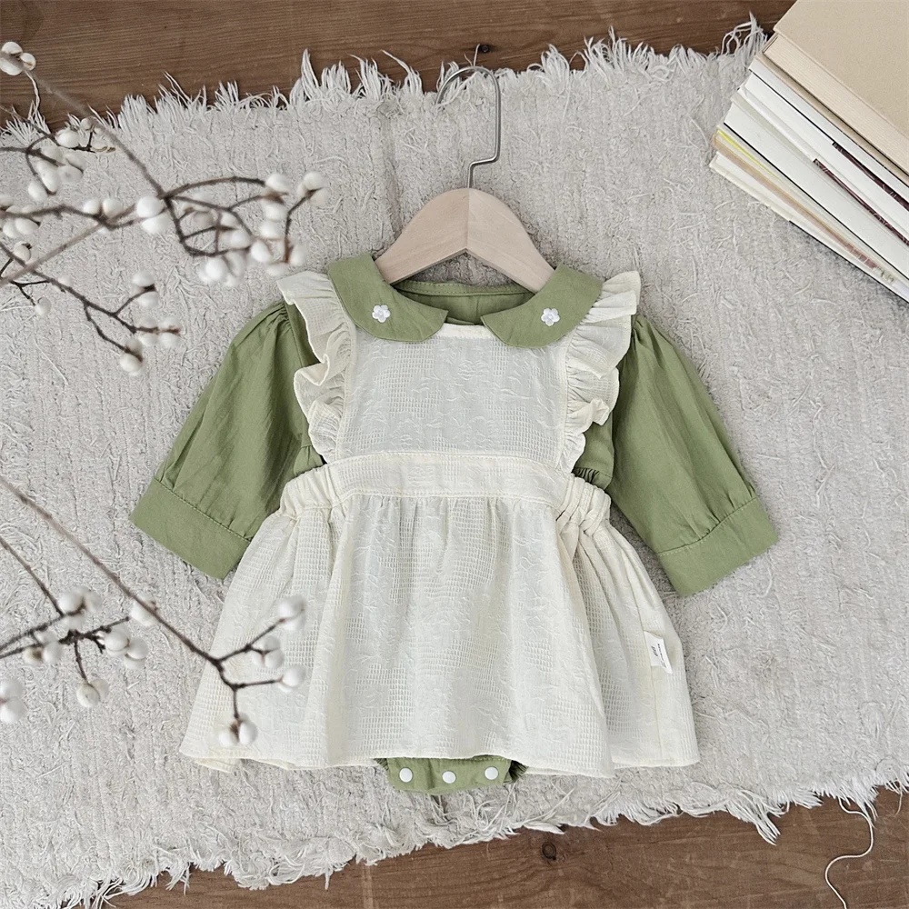 2024 Autumn New Baby Girl Long Sleeve Bodysuit Cotton Infant Embroidery Peter Pan Collar Jumpsuit Newborn Toddler Clothes 0-24M