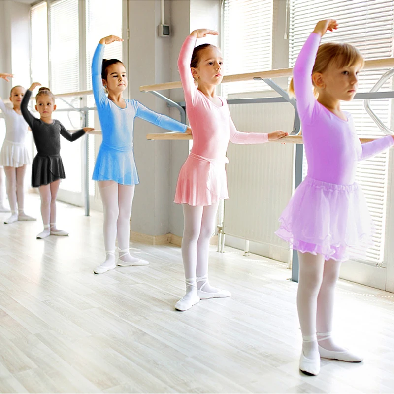 Girls Long Sleeve Ballet Leotards with Removable chiffon Skirt Kids Dance Dress Combo