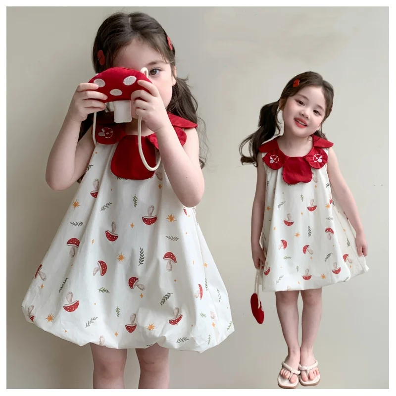 

Baby Girls Dress Size 2-9Y Kids Classic Balloon Dresses With Mushroom Design+Bug Set Little Child Sleeveless Dress Toddler Girls