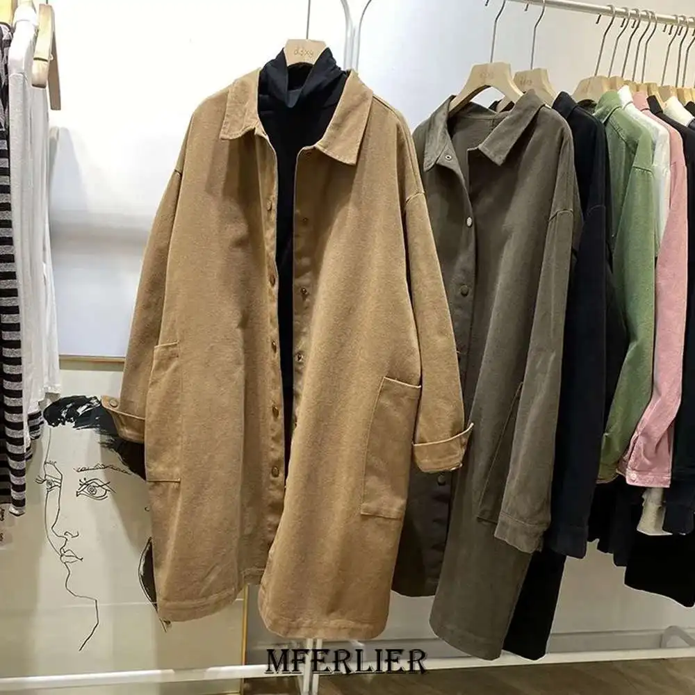 Plus Size 6XL 150kg Autumn Women Trench Solid Color Turn Down Collar Oversized Loose Vintage Streetwear Casual Windbreak Tops