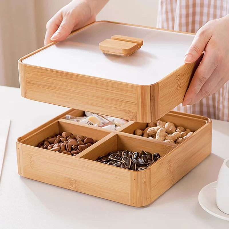 Compartment Snack Dish Wooden Cover Acrylic Lid Square Wooden Storage 2-Tier Dried Fruit Tray Desktop Snack Organizer