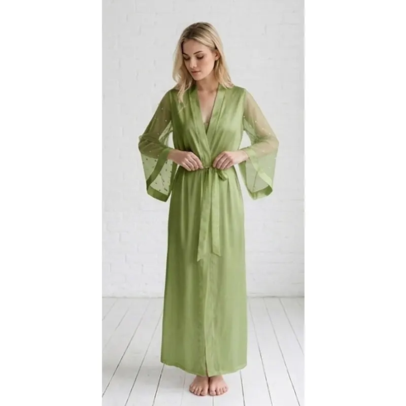 

Elegance Avocado Tulle Bridal Robe Maxi Floor Length Sheer Kimono Wedding Gown with Pearl Detail A-Line Silhouette Dressing Gown