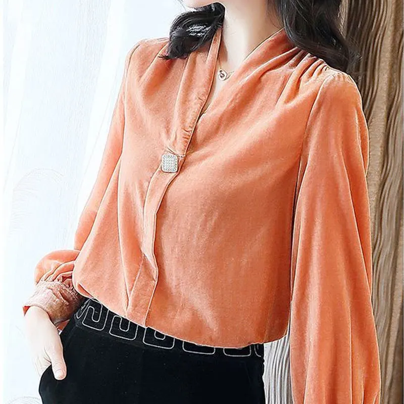 Korean Solid Color Pleuche Blouse Commute Women's Clothing Long Sleeve 2023 Autumn Winter Elegant V-Neck Chic Button Loose Shirt