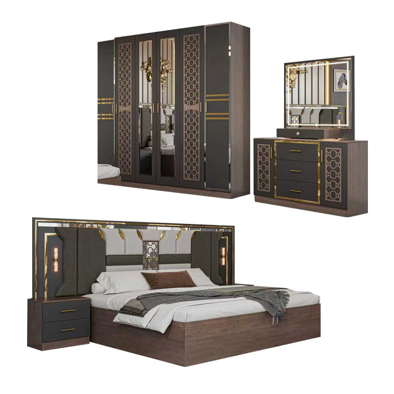 &Turkish Style Wooden Complete Bedroom Sets king Size Bed Wood Frame Modern Luxury Double Full Home Bedroom Furniture Set