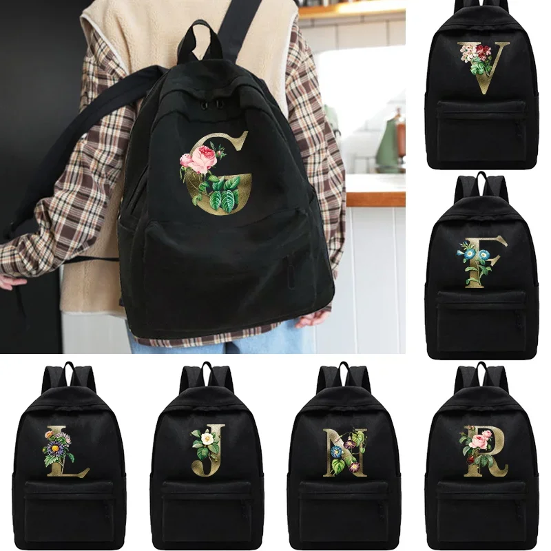 

Female Bags Shoulder Backpacks Commute Backpack for Teen Girls Student School Bookbag Golden Flower Print Men Canvas Knapsack