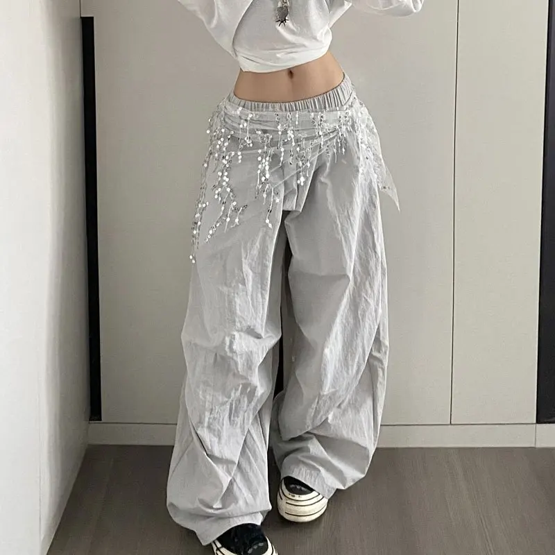 MEXZT Y2K Sequins Cargo Pants Women Harajuku Black Baggy Sweatpants Streetwear Wide Leg Joggers Summer Korean Casual Trousers