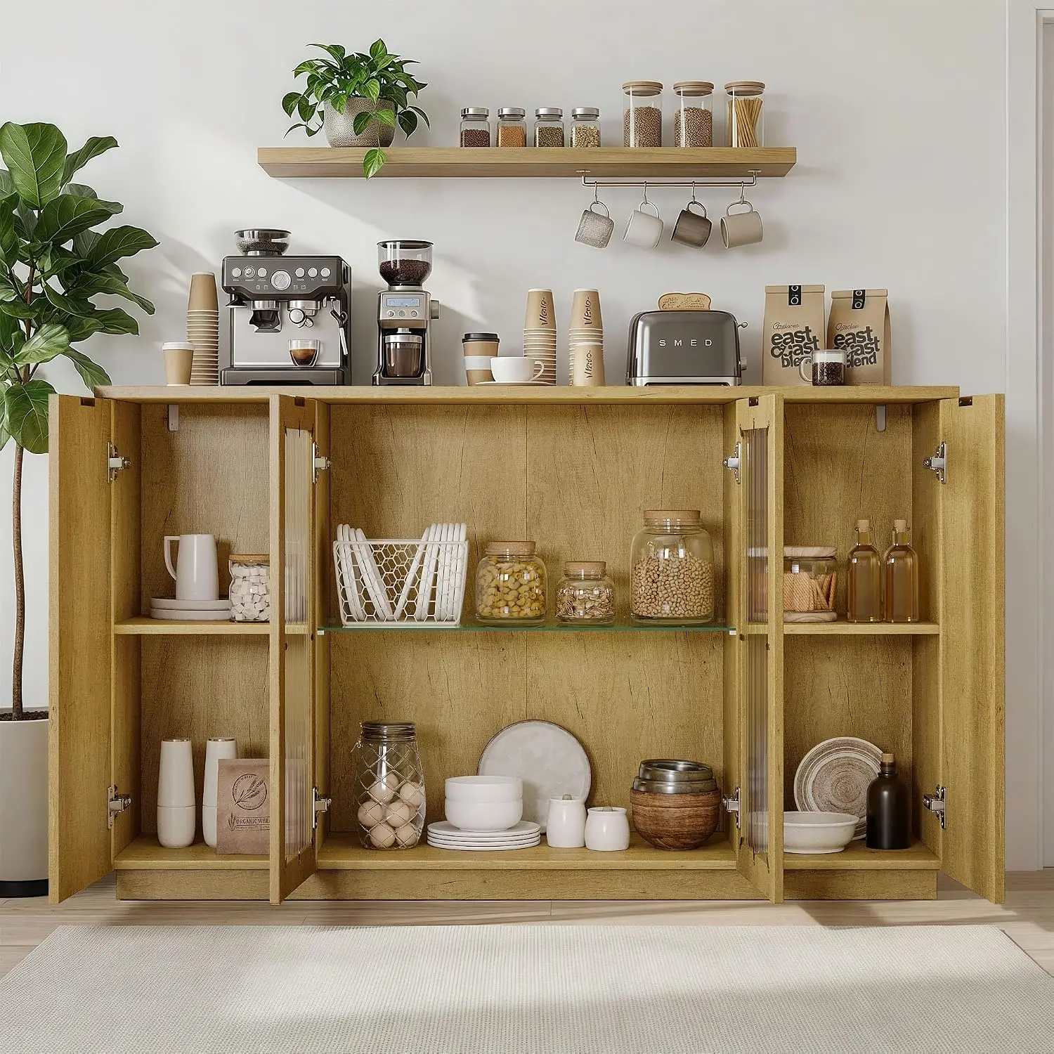 55" Sideboard Buffet Cabinet Glass Doors & LED Lights Storage Adjustable Shelves Coffee Bar Kitchen Living Room Wood, Customized image 3