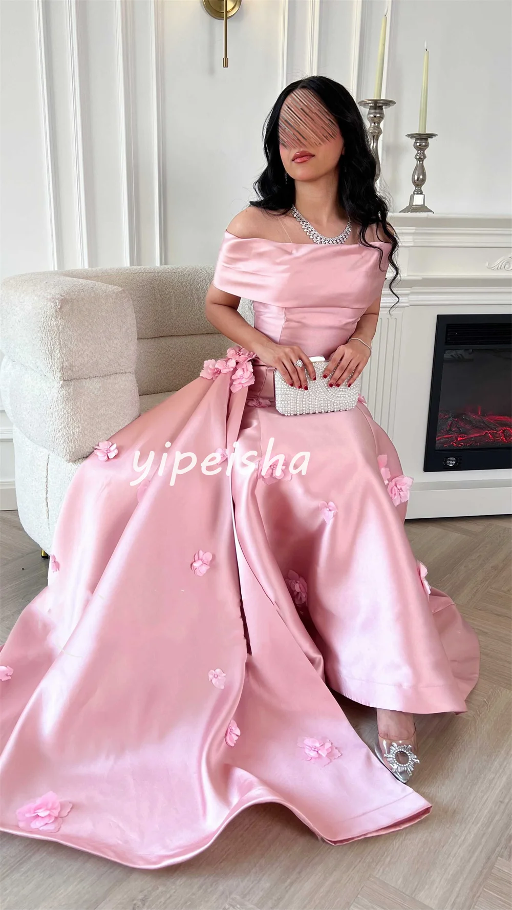 Customized Intricate Exquisite Satin Applique Flower Beading Pleat A-line Off-the-shoulder Long Dresses Evening Dresses Modern S